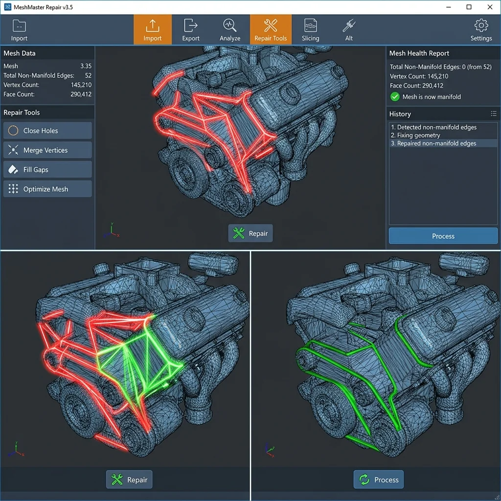 Интерактивен ремонт на 3D модели: STL грешки и решения