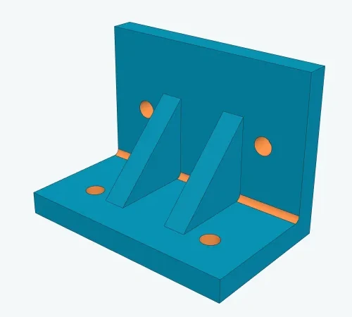 Derselbe L-Winkel als editierbares CAD: ebene Wände in Blau, vier runde Bohrungen in Orange