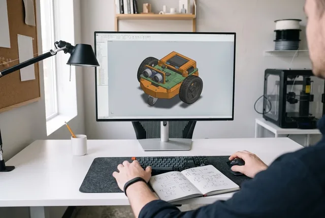 CAD модел на учебен робот на екрана