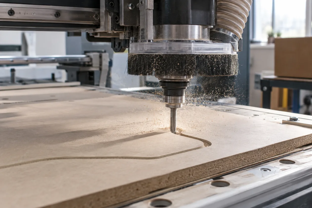 Фреза на CNC рутер реже контур в плоча от МДФ, а стружката излита от фрезата