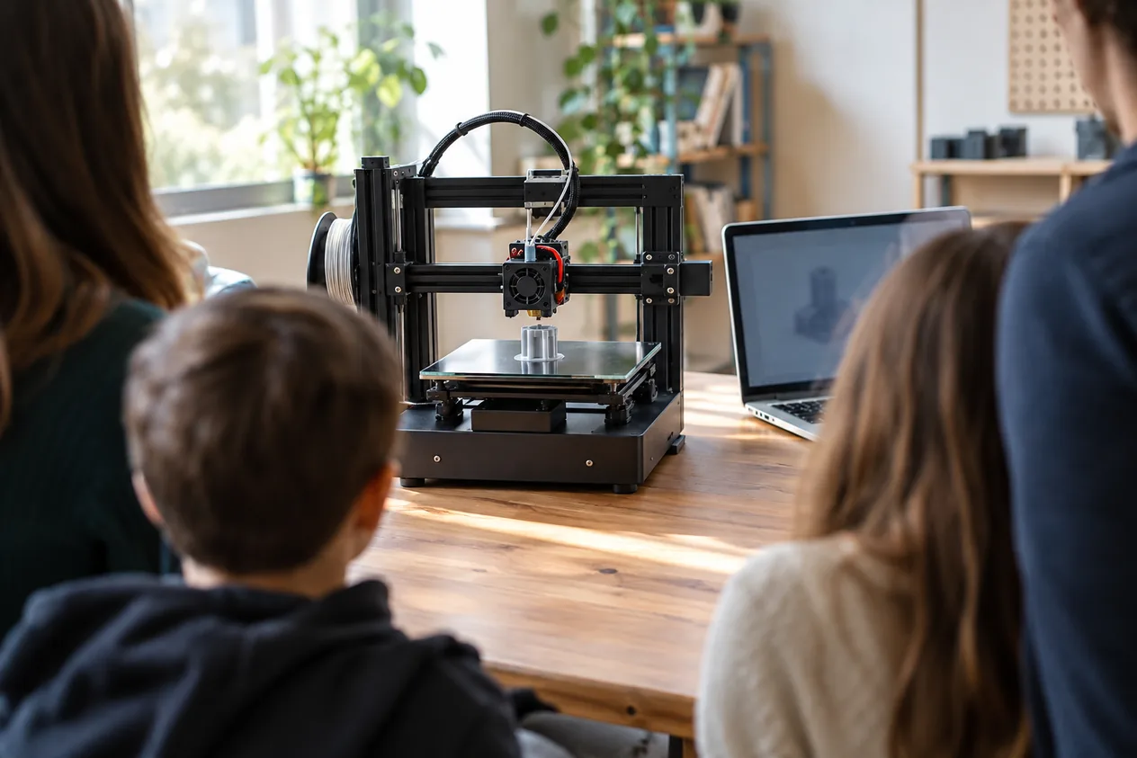 Илюстрация: учителка и ученици в класна стая наблюдават как настолен 3D принтер изработва малък детайл