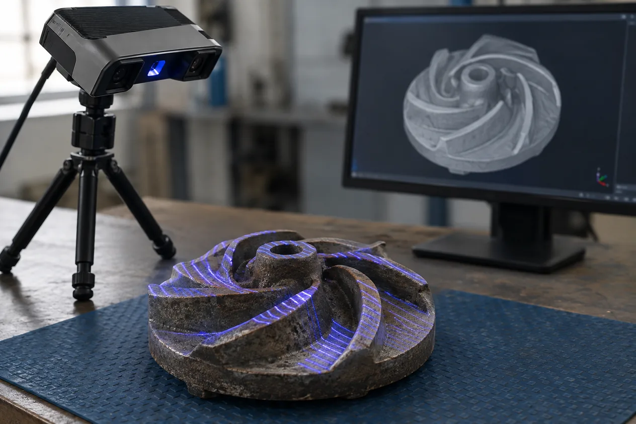 Ръчен 3D скенер проследява повърхността на метален детайл върху маса, до него лежи същият детайл с цветна мрежа от триъгълници на екран