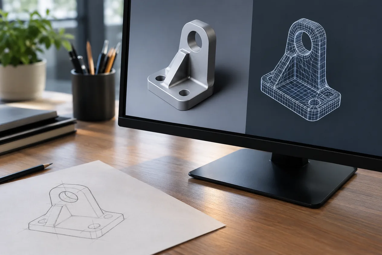 3D модел на механичен детайл с размери на монитор до скица в три изгледа и готов рендер